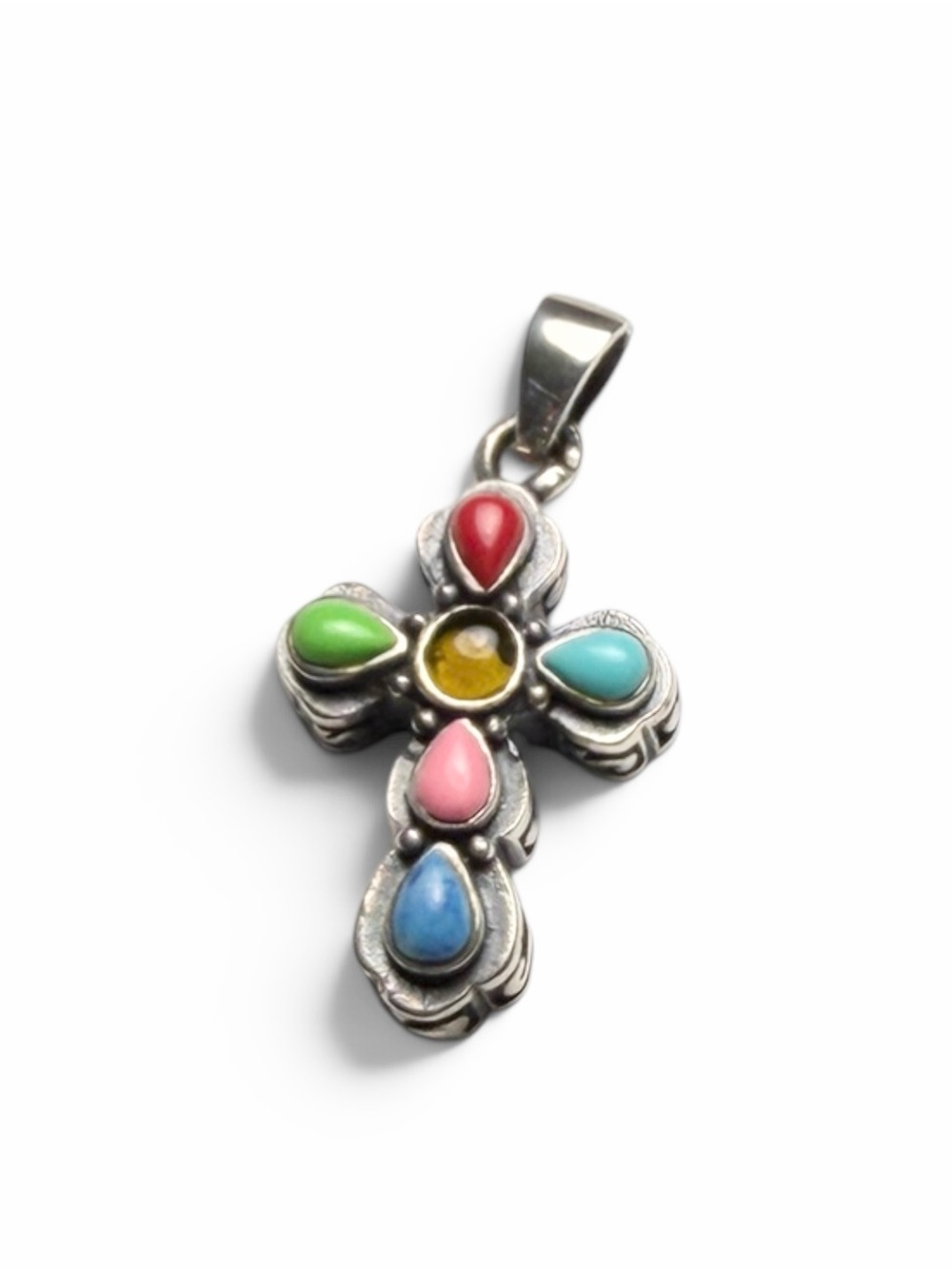 Vintage 925 Sterling Silver Multicolor Gemstone Cross Pendant Southwestern